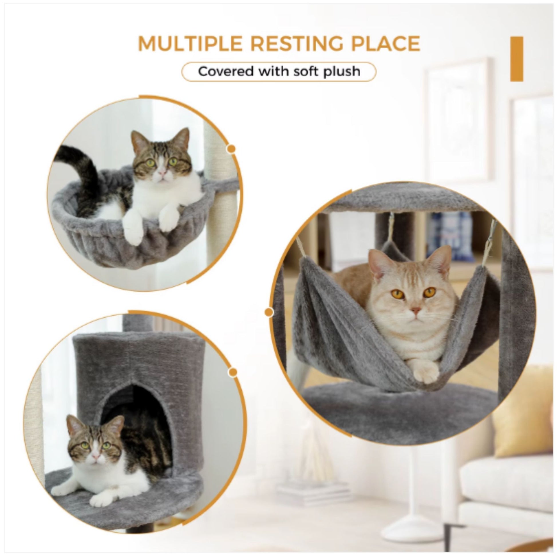 59.8" Beige Cat Scratcher Tower Home Furniture Cat Tree Pets Hammock Sisal Cat Scratching Post Climbing Frame Toy Spacious Perch - TrendyPet's Zone