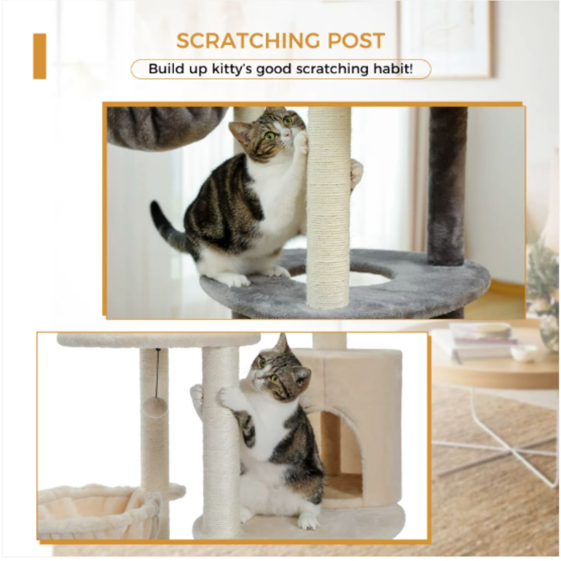 59.8" Beige Cat Scratcher Tower Home Furniture Cat Tree Pets Hammock Sisal Cat Scratching Post Climbing Frame Toy Spacious Perch - TrendyPet's Zone