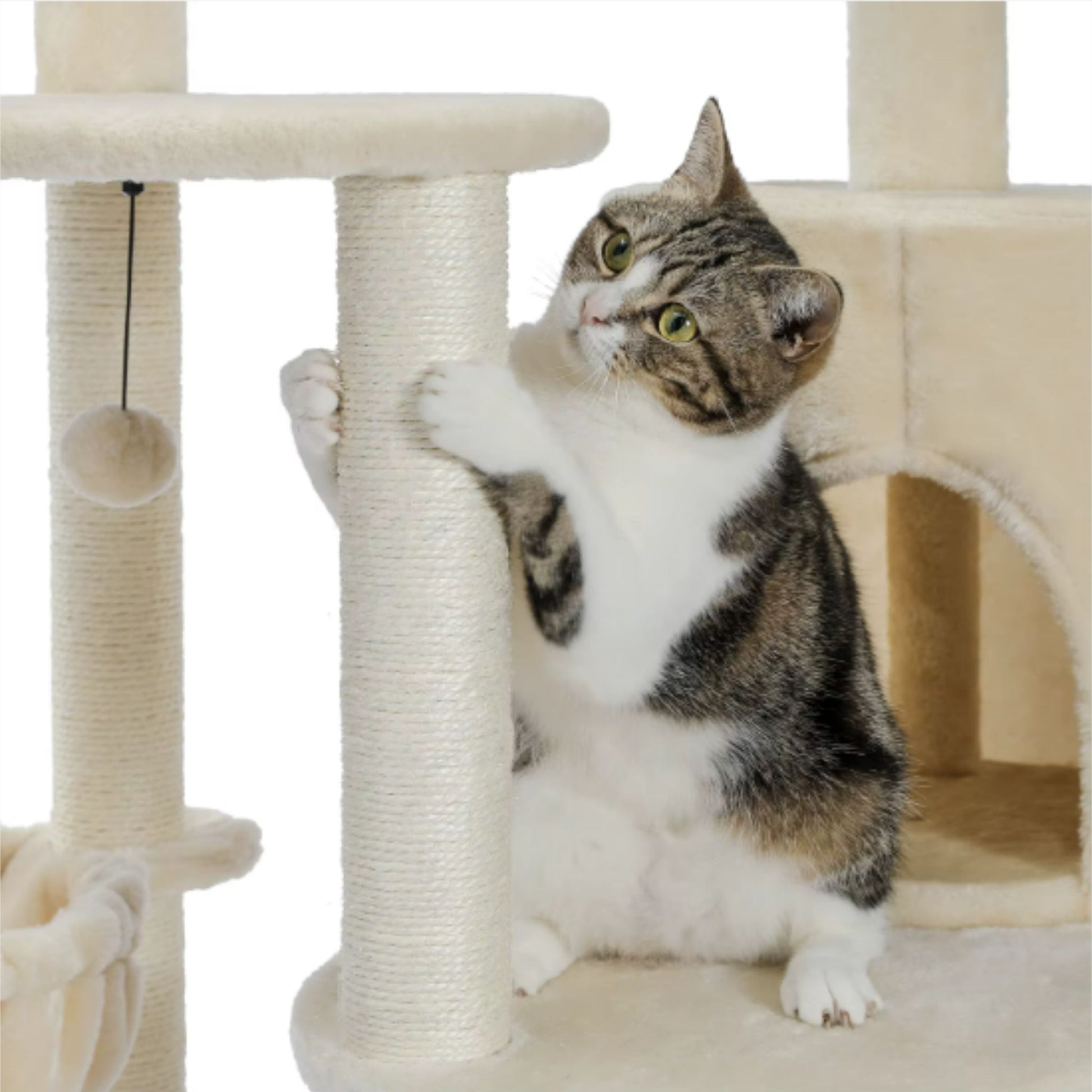 59.8" Beige Cat Scratcher Tower Home Furniture Cat Tree Pets Hammock Sisal Cat Scratching Post Climbing Frame Toy Spacious Perch - TrendyPet's Zone