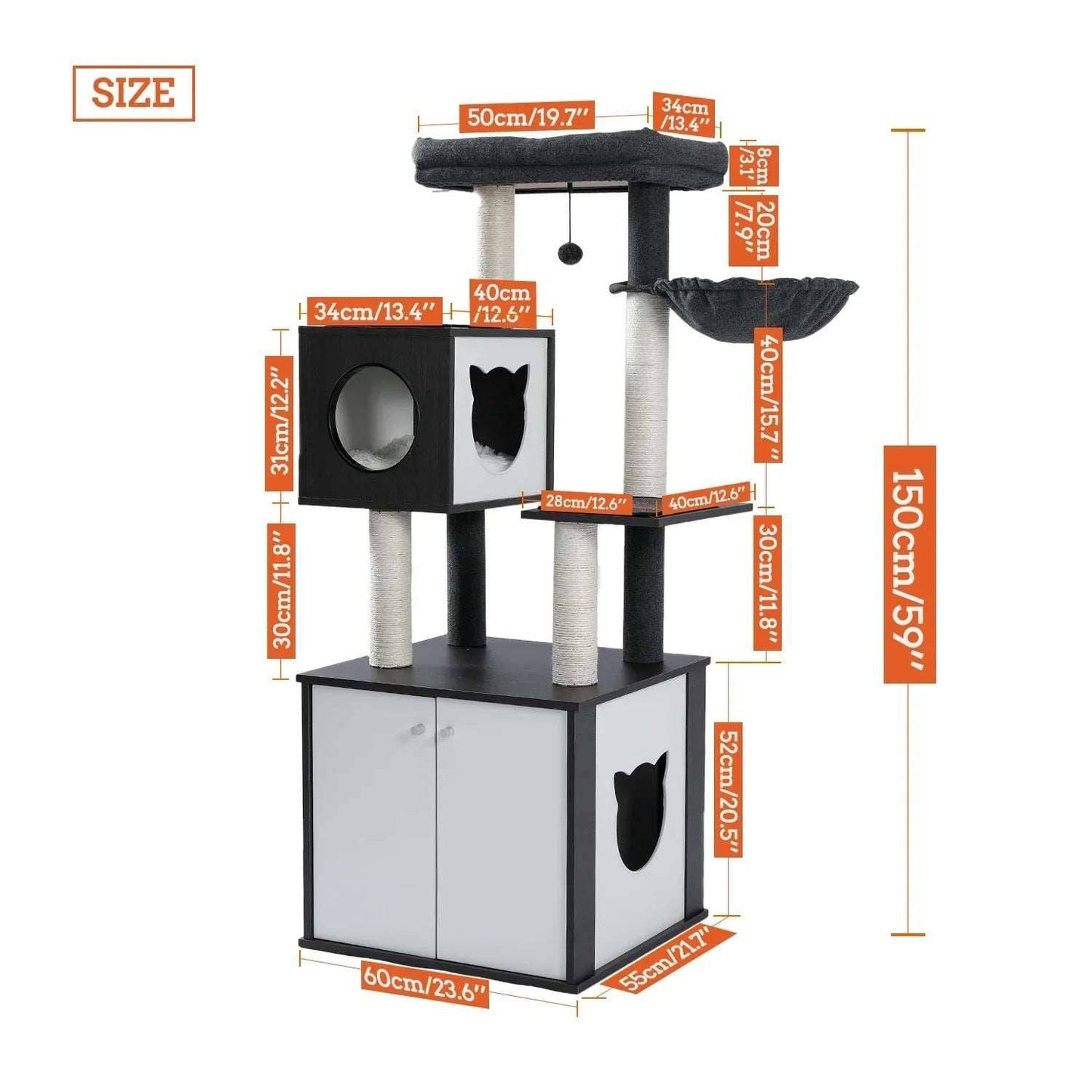 59" Black Luxury Cat Tree Tower with Cabinet Wood Post Toy Large Spacious Perch Sleep Hammock - TrendyPet's Zone