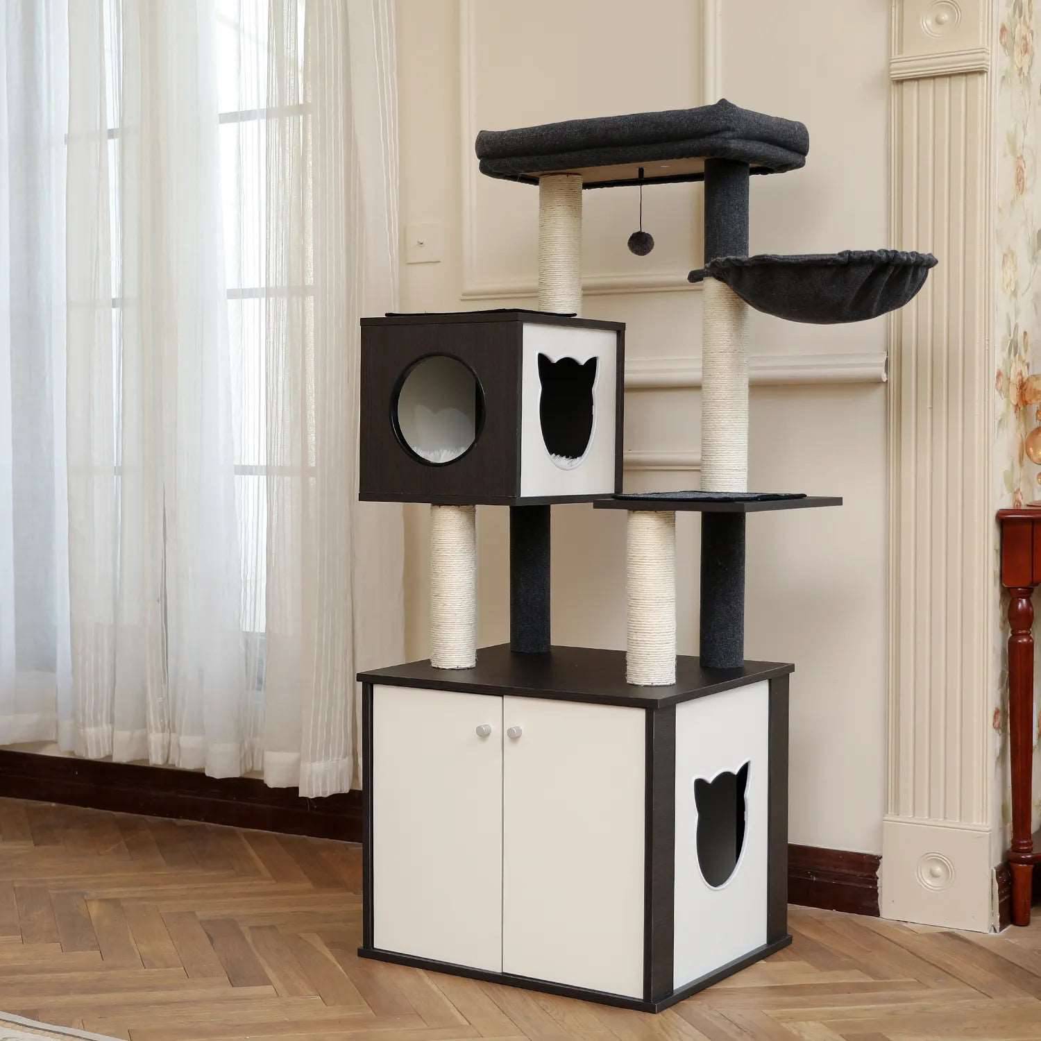 59" Black Luxury Cat Tree Tower with Cabinet Wood Post Toy Large Spacious Perch Sleep Hammock - TrendyPet's Zone