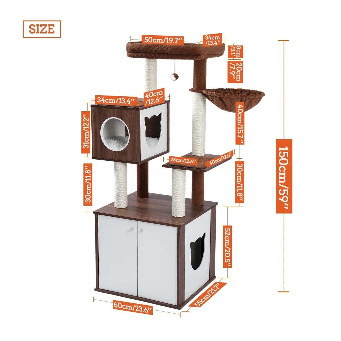 59" Brown Luxury Cat Tree Tower with Cabinet Wood Post Toy Large Spacious Perch Sleep Hammock - TrendyPet's Zone