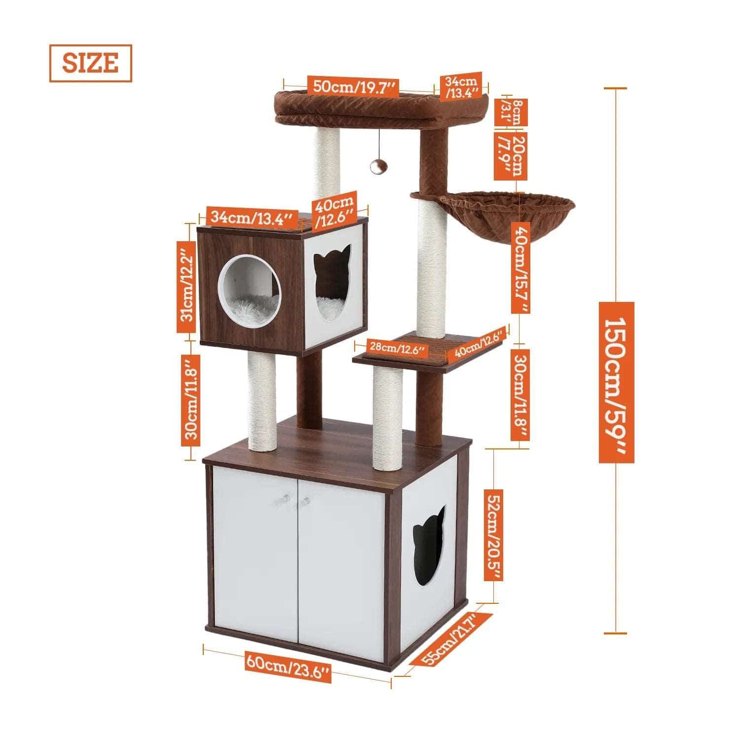 59" Brown Luxury Cat Tree Tower with Cabinet Wood Post Toy Large Spacious Perch Sleep Hammock - TrendyPet's Zone