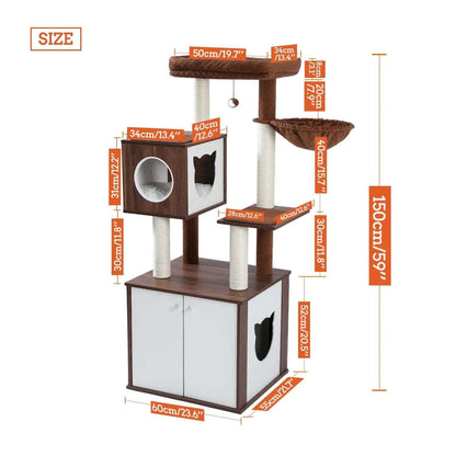 59" Brown Luxury Cat Tree Tower with Cabinet Wood Post Toy Large Spacious Perch Sleep Hammock - TrendyPet's Zone