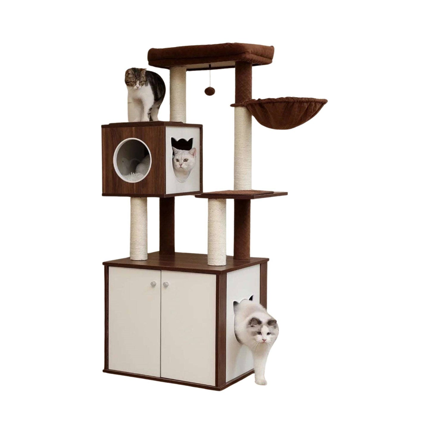 59" Brown Luxury Cat Tree Tower with Cabinet Wood Post Toy Large Spacious Perch Sleep Hammock - TrendyPet's Zone