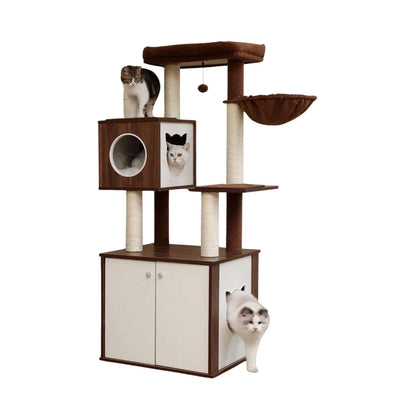 59" Brown Luxury Cat Tree Tower with Cabinet Wood Post Toy Large Spacious Perch Sleep Hammock - TrendyPet's Zone