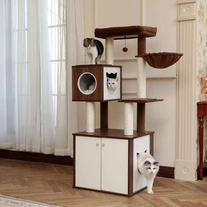 59" Brown Luxury Cat Tree Tower with Cabinet Wood Post Toy Large Spacious Perch Sleep Hammock - TrendyPet's Zone