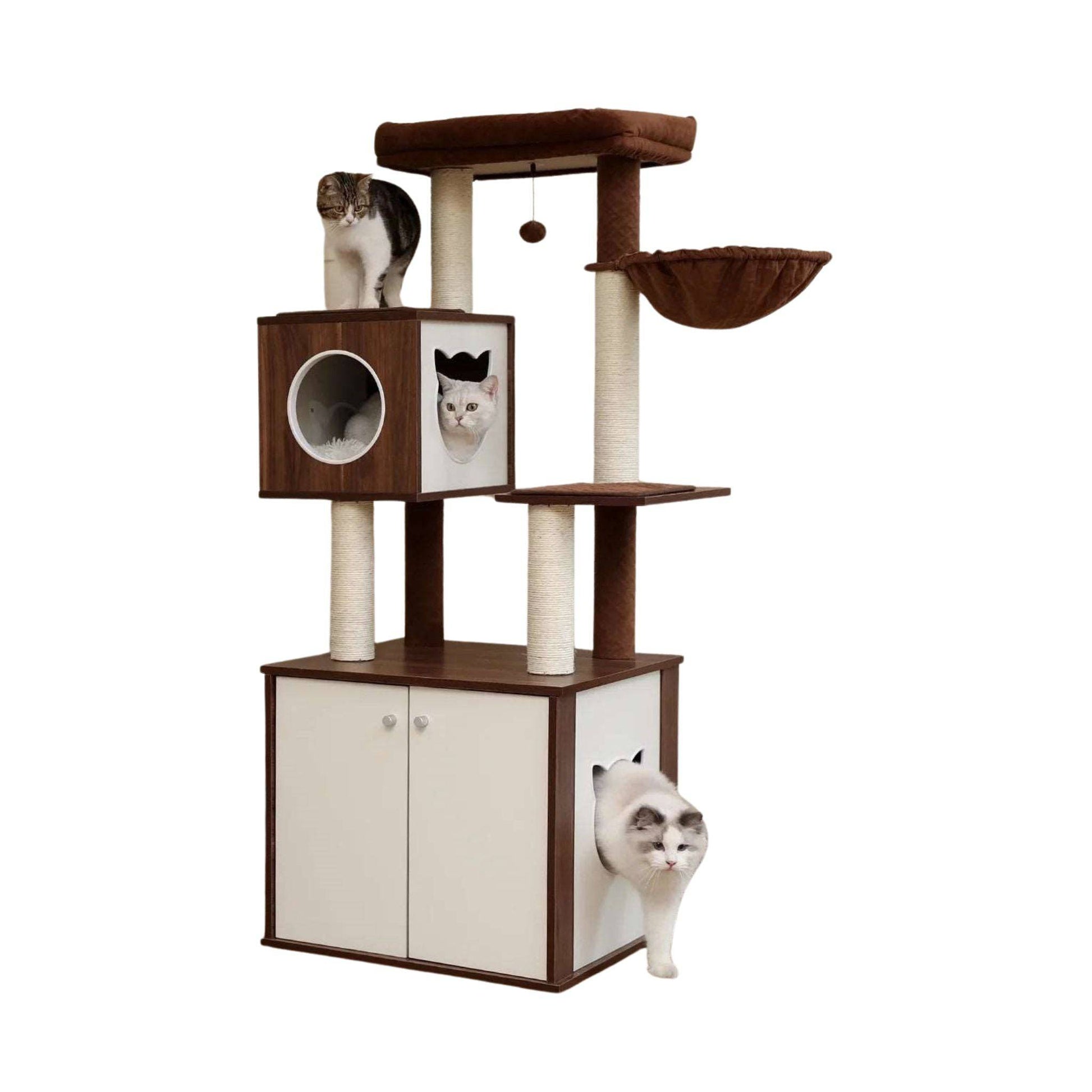 59" Brown Luxury Cat Tree Tower with Cabinet Wood Post Toy Large Spacious Perch Sleep Hammock - TrendyPet's Zone