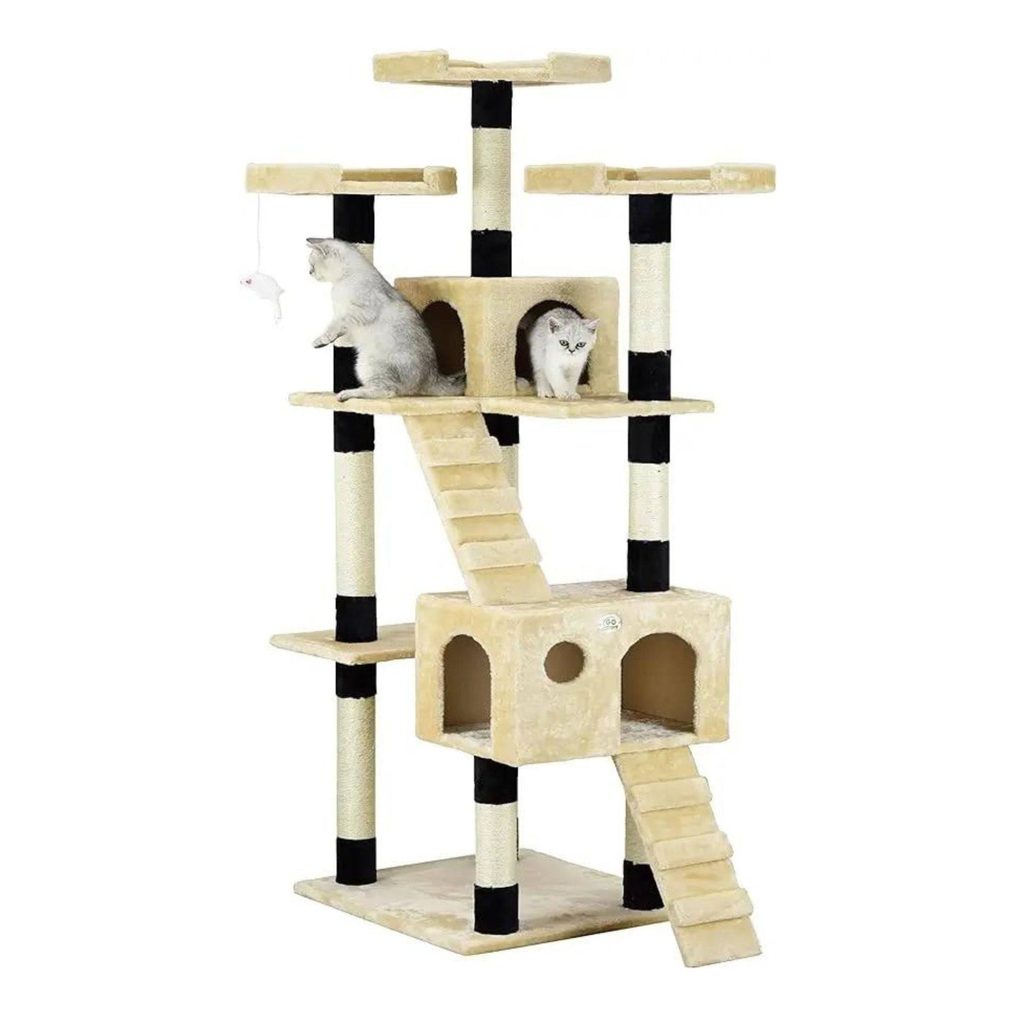 72" Beige Black Tall Extra Large Cat Tree Tower Condo House for Large Indoor Cats Play Scratch With Two Ladders - TrendyPet's Zone
