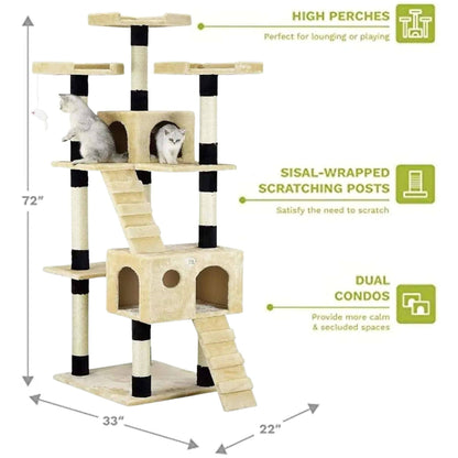 72" Beige Black Tall Extra Large Cat Tree Tower Condo House for Large Indoor Cats Play Scratch With Two Ladders - TrendyPet's Zone