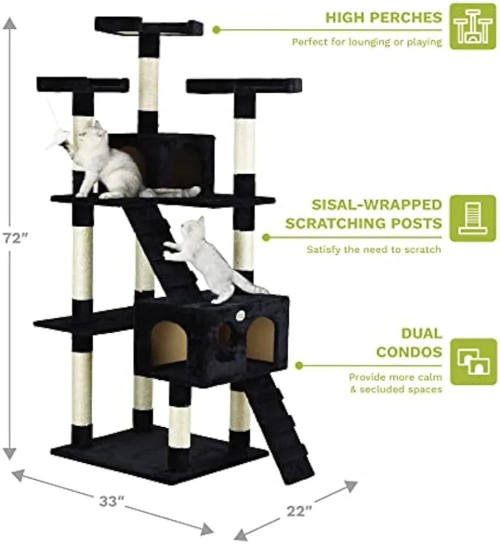 72" Black Tall Extra Large Cat Tree Tower Condo House for Large Indoor Cats Play Scratch With Two Ladders - TrendyPet's Zone
