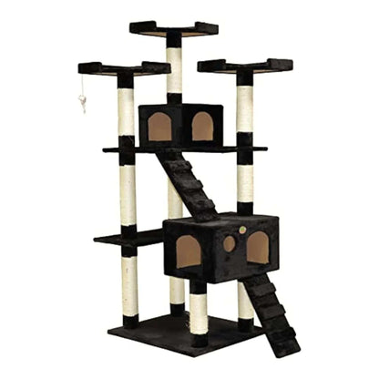 72" Black Tall Extra Large Cat Tree Tower Condo House for Large Indoor Cats Play Scratch With Two Ladders - TrendyPet's Zone