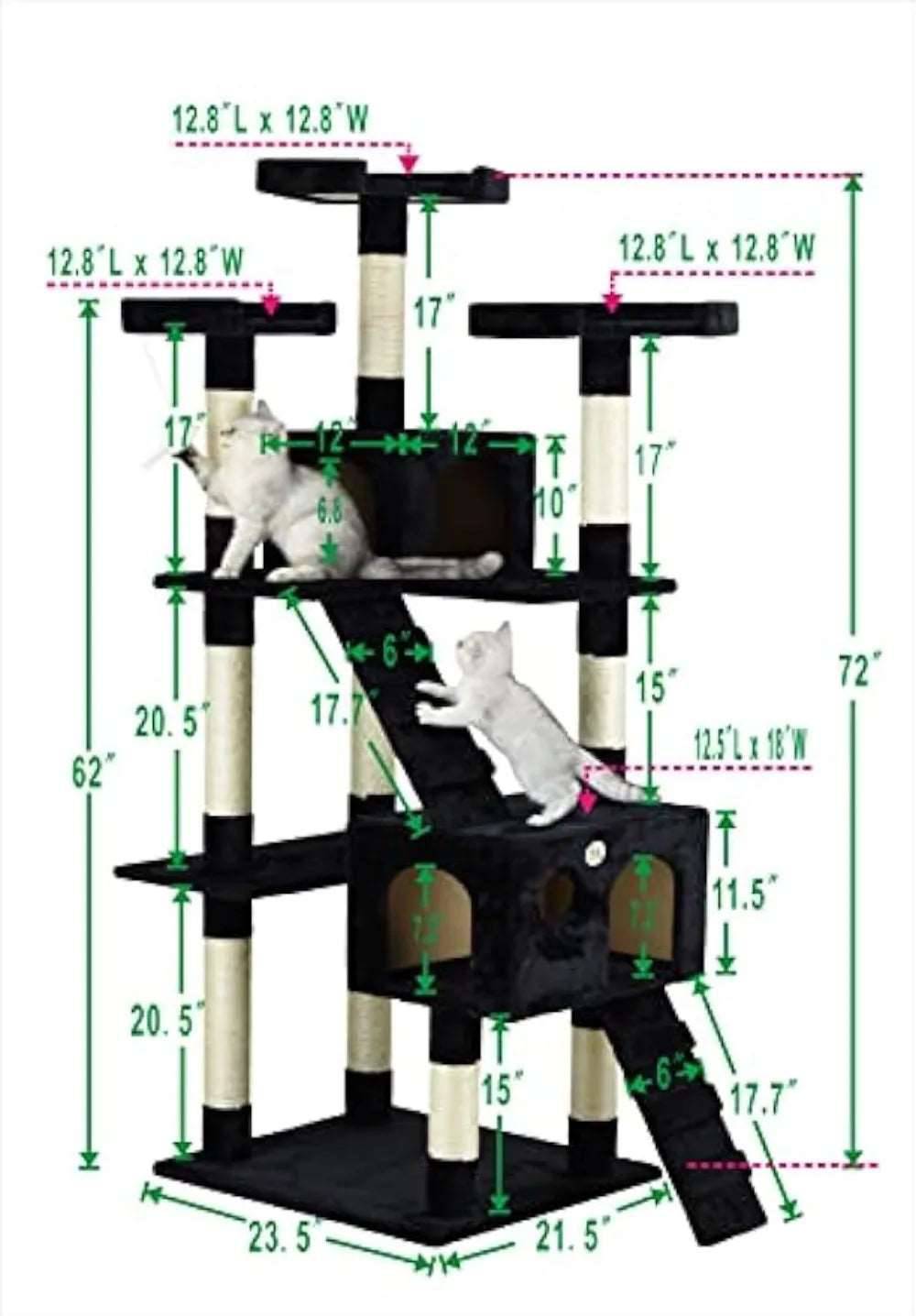 72" Black Tall Extra Large Cat Tree Tower Condo House for Large Indoor Cats Play Scratch With Two Ladders - TrendyPet's Zone