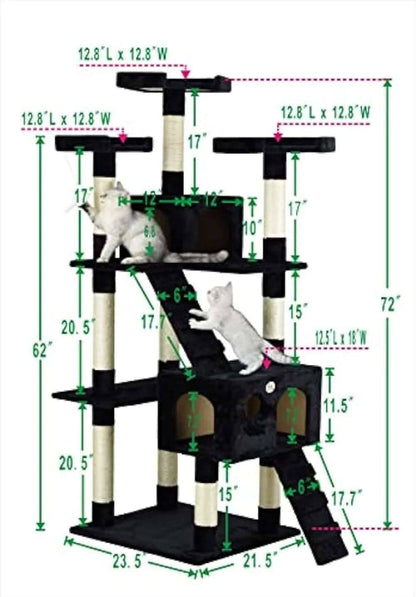 72" Black Tall Extra Large Cat Tree Tower Condo House for Large Indoor Cats Play Scratch With Two Ladders - TrendyPet's Zone