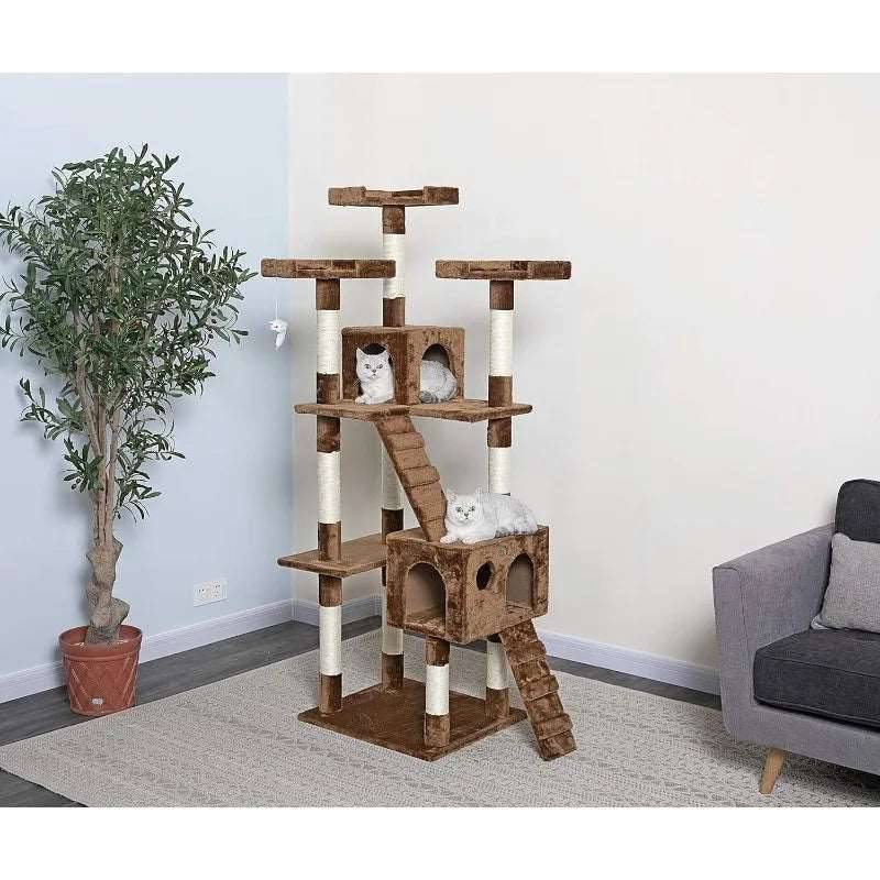 72" Brown Tall Extra Large Cat Tree Tower Condo House for Large Indoor Cats Play Scratch With Two Ladders - TrendyPet's Zone