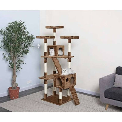 72" Brown Tall Extra Large Cat Tree Tower Condo House for Large Indoor Cats Play Scratch With Two Ladders - TrendyPet's Zone