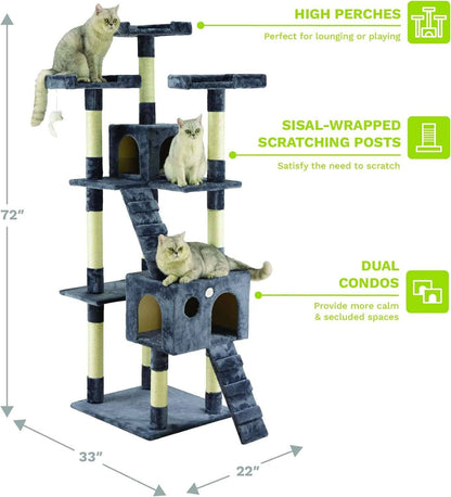 72" Slate Grey Tall Extra Large Cat Tree Tower Condo House for Large Indoor Cats Play Scratch With Two Ladders - TrendyPet's Zone