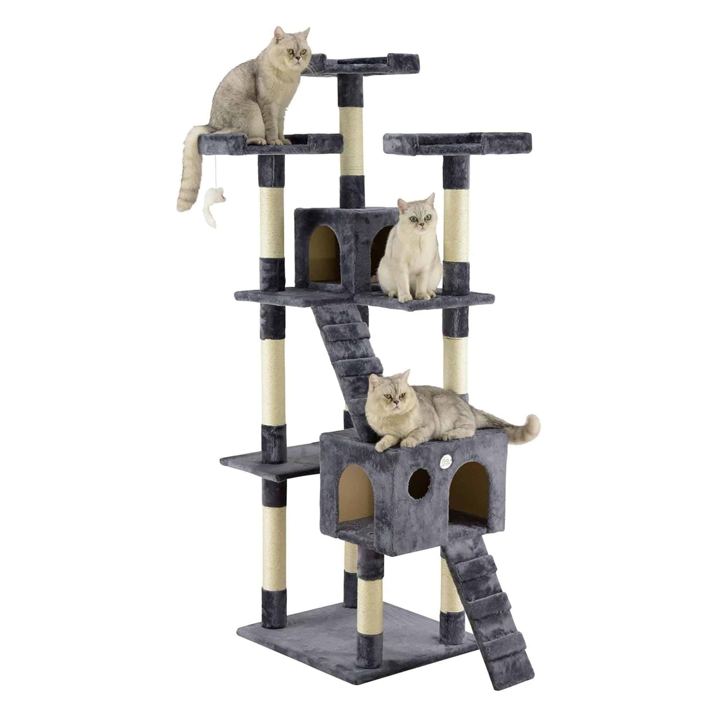 72" Slate Grey Tall Extra Large Cat Tree Tower Condo House for Large Indoor Cats Play Scratch With Two Ladders - TrendyPet's Zone