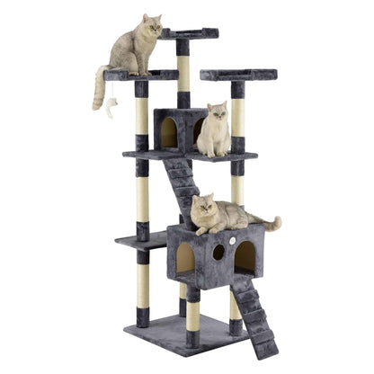 72" Slate Grey Tall Extra Large Cat Tree Tower Condo House for Large Indoor Cats Play Scratch With Two Ladders - TrendyPet's Zone