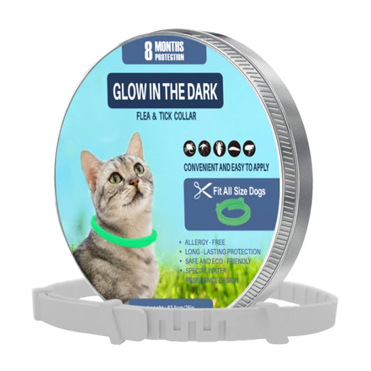 TrendyPet's Zone 8-month flea and tick collar for cats, waterproof, adjustable, glow-in-the-dark pest protection, natural formula.
