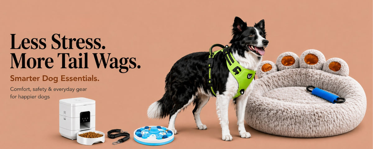 A black and white dog wearing a bright green harness stands beside a beige paw-shaped pet bed, a white automatic feeder, and a blue puzzle toy on a solid tan background. Text on the left reads 'Less Stress. TrendyPet's Zone
