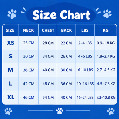A blue size chart graphic with white text reading 'Size Chart' and a table listing sizes XS through XL with neck TrendyPet's Zone