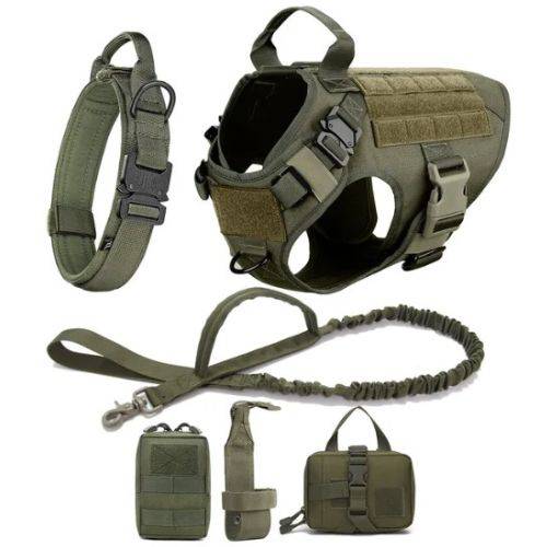 Army Green Durable Nylon Tactical Dog Harness Collar Leash Set - TrendyPet's Zone