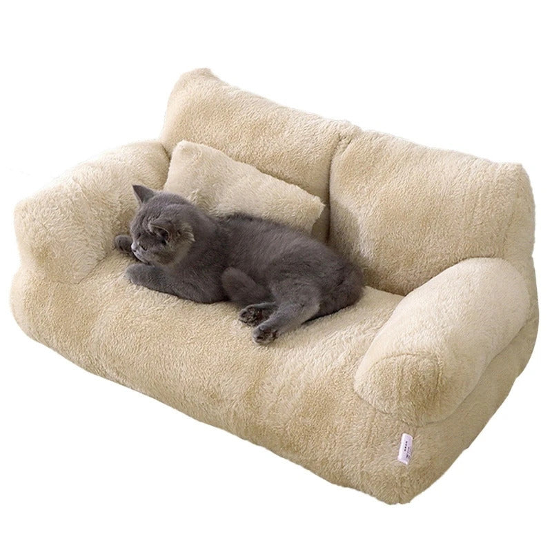 Beige Luxury Cat Bed Couch Plush Winter Warm Pet Nest - TrendyPet's Zone