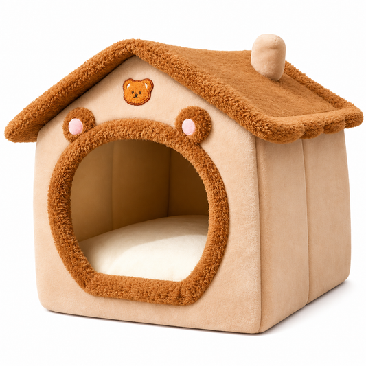 Beige foldable dog house with bed, mat, and cave sofa by TrendyPet's Zone, designed for comfort and easy storage.