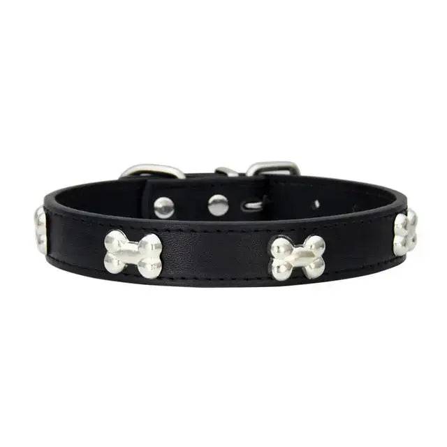 Black Pet Dog Collar Bone Leather Durable Pet Supplies Accessories Neck Strap Collar for Dog Puppy Pug Collars for Small Large Dogs - TrendyPet's Zone