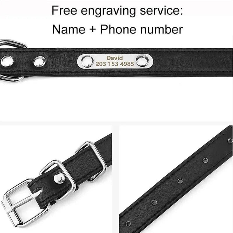 Black Adjustable PU Leather Dog Collar with ID Tag TRENDYPET'S ZONE