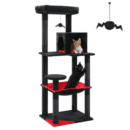 Black TrendyPet's Zone cat tree with plush platforms, sisal scratching posts, spacious hammock, and large condos for cats.