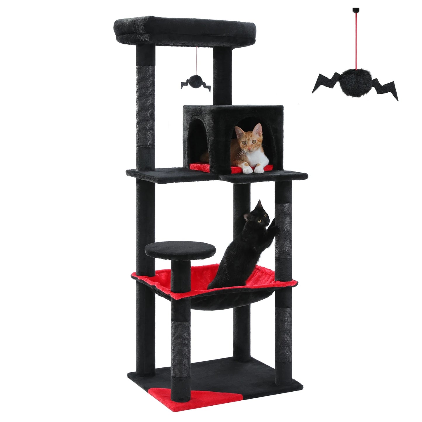 Black TrendyPet's Zone cat tree with plush platforms, sisal scratching posts, spacious hammock, and large condos for cats.