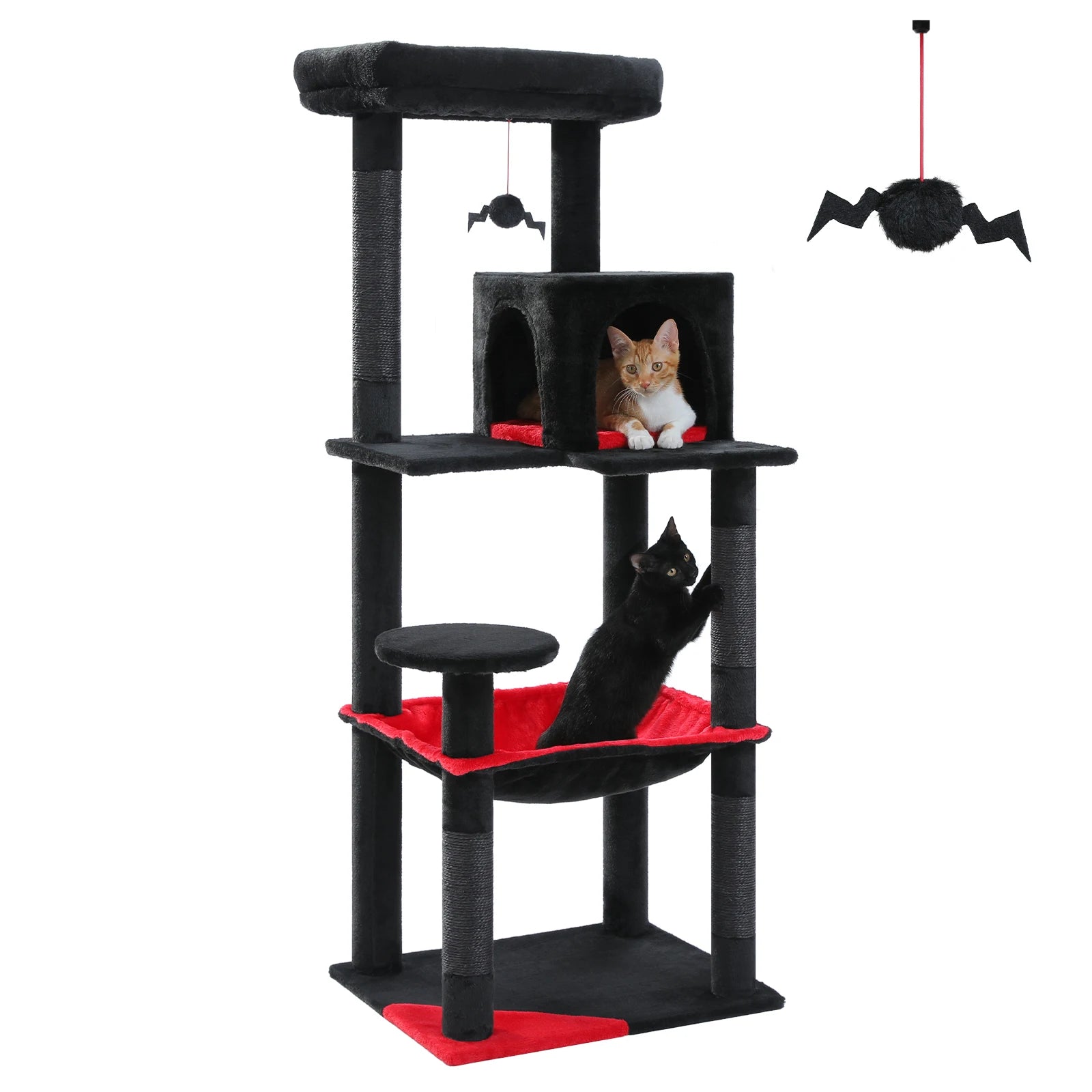 Black TrendyPet's Zone cat tree with plush platforms, sisal scratching posts, spacious hammock, and large condos for cats.
