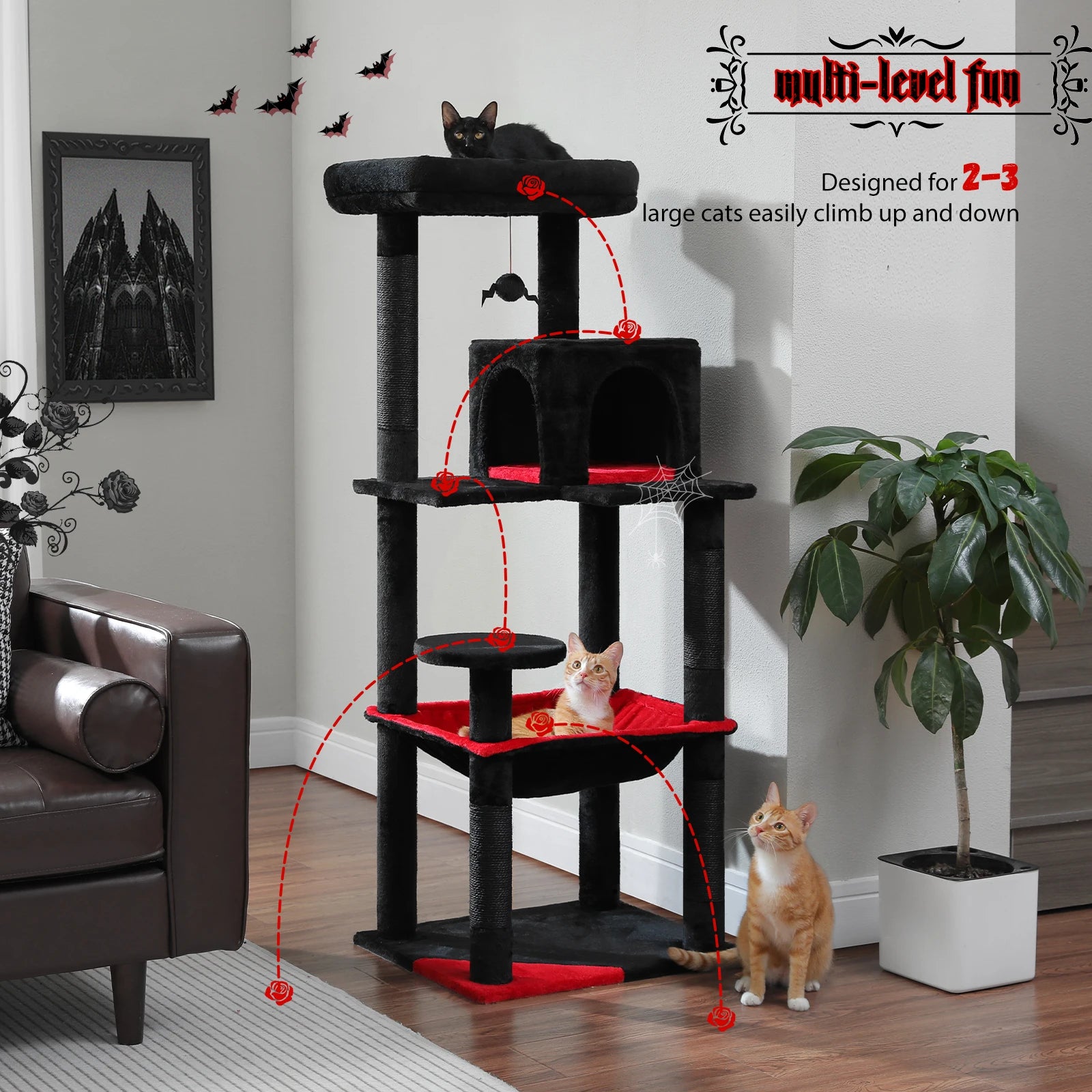 Black TrendyPet's Zone cat tree with plush platforms, sisal scratching posts, spacious hammock, and large condos for cats.