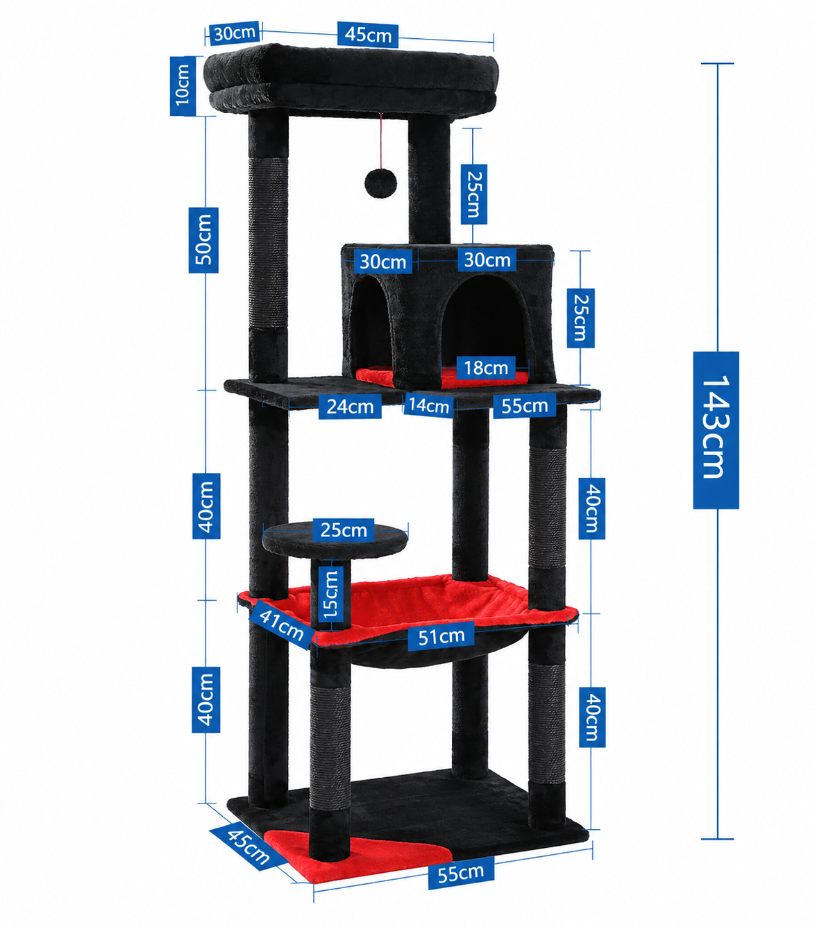 Black TrendyPet's Zone cat tree with plush platforms, sisal scratching posts, spacious hammock, and large condos for cats.