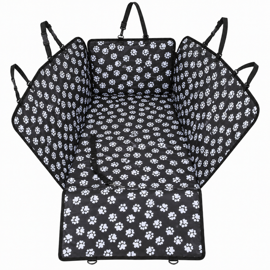 Black and white paw print waterproof dog car seat cover with safety belt, hammock style, designed for rear back seat protection.
