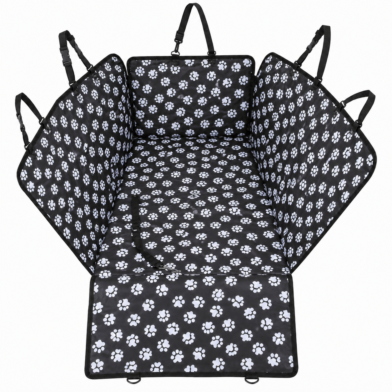 Black and white paw print waterproof dog car seat cover with safety belt, hammock style, designed for rear back seat protection.