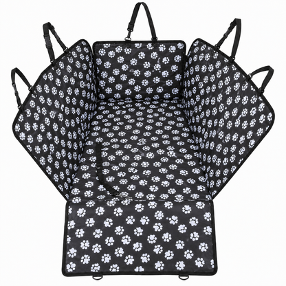 Black and white paw print waterproof dog car seat cover with safety belt, hammock style, designed for rear back seat protection.