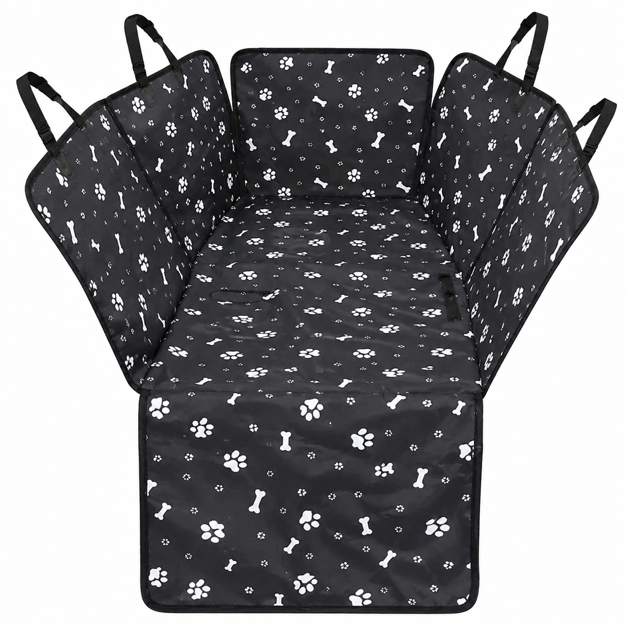 Black waterproof dog car seat cover with safety belt, hammock style, for rear back of vehicle, by TrendyPet's Zone.