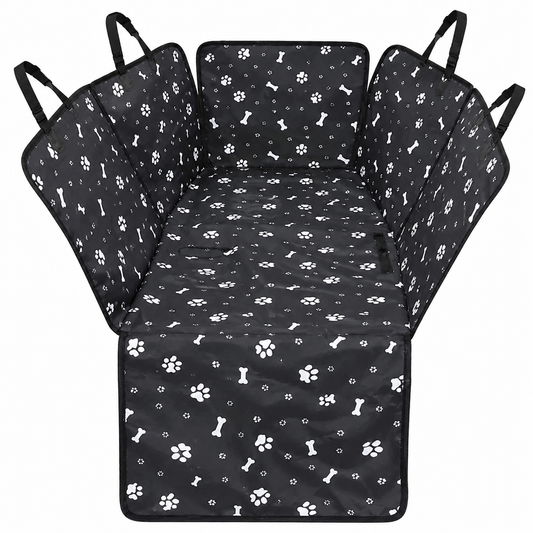 Black waterproof dog car seat cover with safety belt, hammock style, for rear back of vehicle, by TrendyPet's Zone.