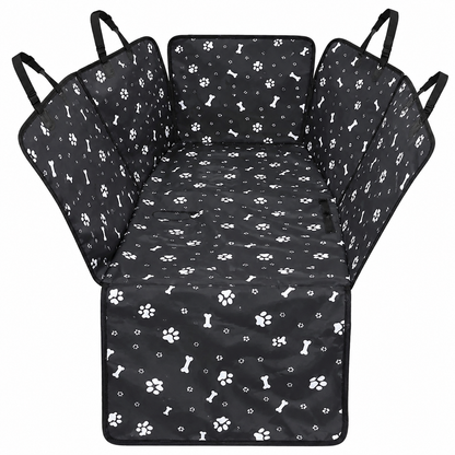 Black waterproof dog car seat cover with safety belt, hammock style, for rear back of vehicle, by TrendyPet's Zone.