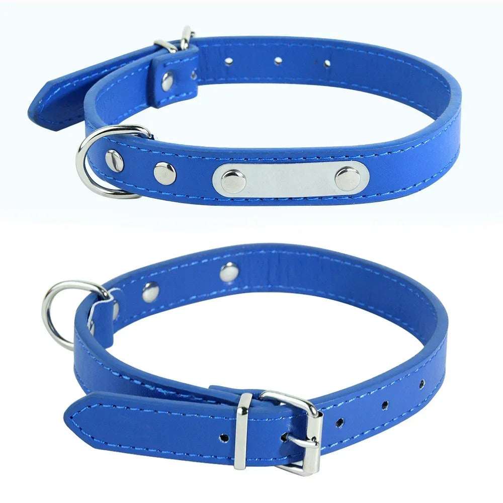 Blue Adjustable PU Leather Dog Collar with ID Tag TRENDYPET'S ZONE