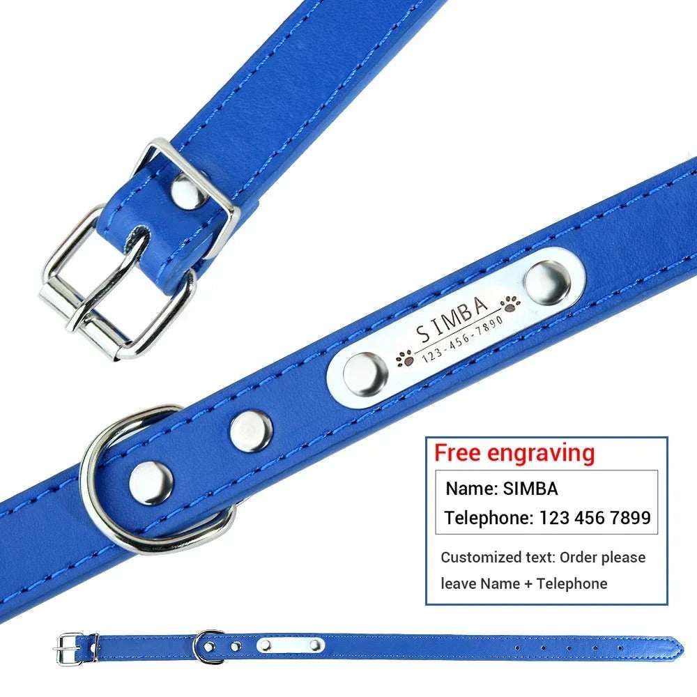 Blue Adjustable PU Leather Dog Collar with ID Tag TRENDYPET'S ZONE