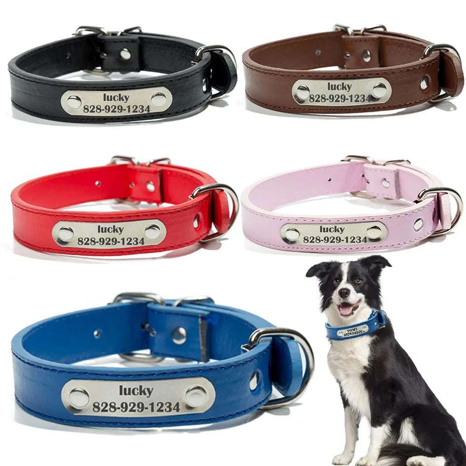 Blue Adjustable PU Leather Dog Collar with ID Tag TRENDYPET'S ZONE