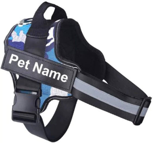 Blue Camouflage Dog Harness No Pull Reflective Breathable Pet Harness With Name For Dogs Custom Patch Adjustable Outdoor Walking Dog Supplies - TrendyPet's Zone