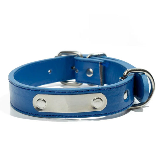 Blue Adjustable PU Leather Dog Collar with ID Tag TRENDYPET'S ZONE