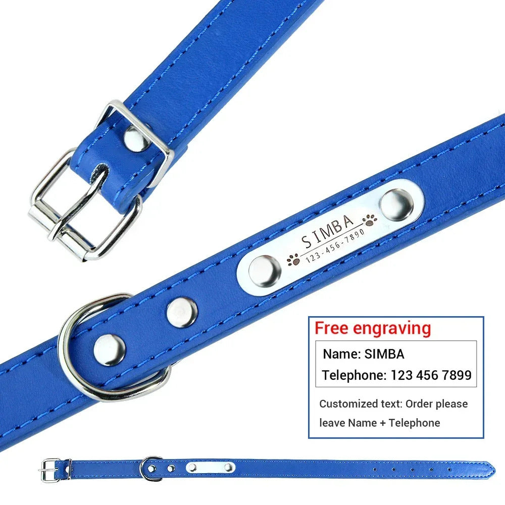 Blue Adjustable PU Leather Dog Collar with ID Tag TRENDYPET'S ZONE