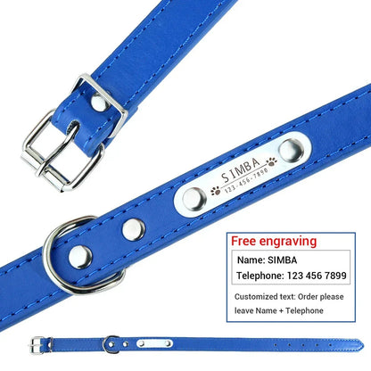 Blue Adjustable PU Leather Dog Collar with ID Tag TRENDYPET'S ZONE