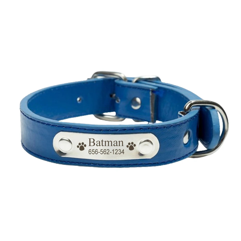 Blue Adjustable PU Leather Dog Collar with ID Tag TRENDYPET'S ZONE